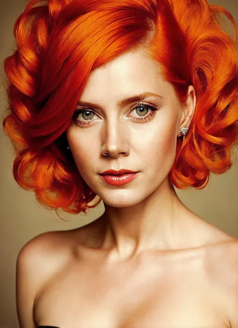 a close up of a woman with bright red hair and a black dress