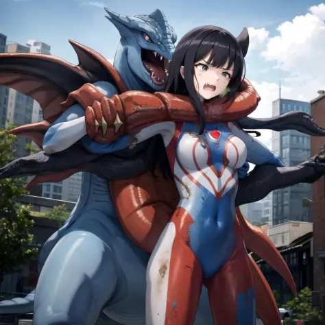 extremely detailed, best quality, 1girl, ultragirl, ultraman bodysuit, (soiled :1.3), painful face, struggling, detailed ruined building, city, (standing :0.8), giantess, giant, between buildings, all intricate, detailed tattoo, 
BREAK
monster, battle, fan...