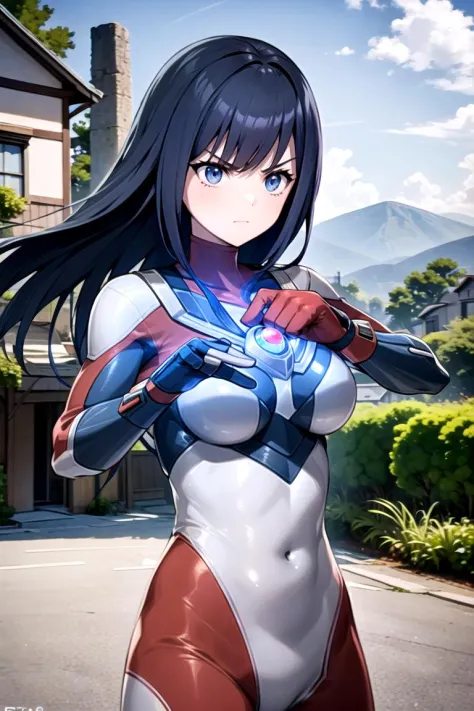 美しい詳細な1人の女の子, ウルトラガール, ウルトラマンボディスーツ, 非常に詳細な CG アンリアル エンジン 8k, 最高品質, (動的, 詳細な指, 細かい手, 詳細な顔), すべて複雑, 奥の村, 古い家, 外,
上半身, 深刻な, 戦闘姿勢, 汚れた, 破損, 立っている, (握りしめた手), 届く腕, 
