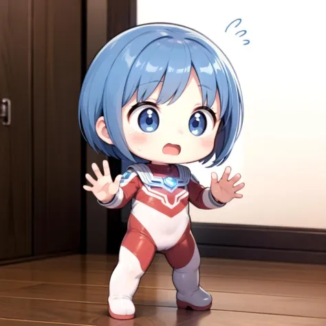 extremely detailed CG unreal engine 8k, best quality, (detailed fingers, detailed hands, detailed face), all intricate, beautiful detailed 1girl, (ultragirl :1.0), ultraman bodysuit, full body, (surprised, flying sweatdrops), (chibi :1.0), hands up, waving arms, full body, standing, 
<lora:Ultragirl-Lora12-Blue-000004:1>