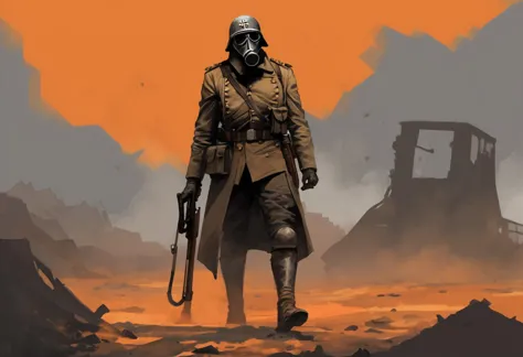 a man in a gas mask and trench coat standing in a desert