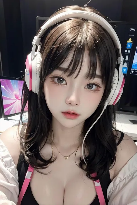 (masterpiece, best quality, hires, high resolution:1.2), extremely detailed, realistic, 1girl, white background, streamer, headphones, computer, screen, gaming seat,
