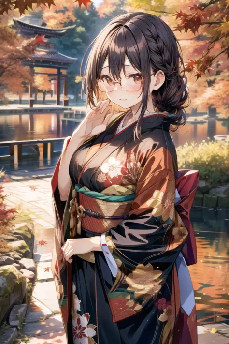 <lora:add_brightness:0><lora:add_detail:0.5>1 woman, large breast, embarrassed ,blush, forehead,  black hair,  glasses,  braid,
<lora:edgJapaneseFall:0.9>	EDGJF_CLOTHING,WEARING EDGJF_KIMONO,AUTUMN SETTING,AUTUMN TREES AND LEAVE,
lake,
dark night,