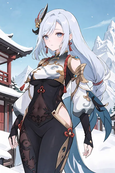 1girl, shenhe \(genshin impact\), solo, hair ornament, braid ponytail, elbow gloves, black bodysuit, tassel earrings, (breast curtain), puffy sleeves, waist cape, cowboy shot, standing, looking at viewer, expressionless, mountain, east asian architecture, outdoors, depth of field, masterpiece