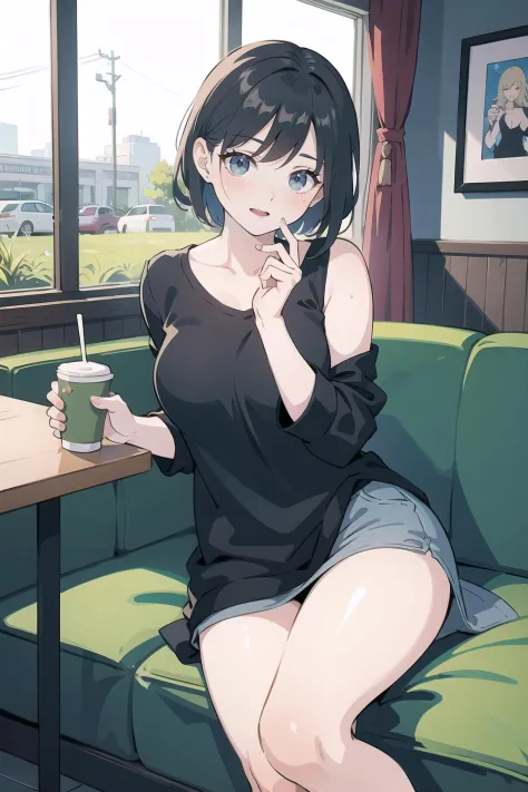 (傑作, 最高品質, 最高品質), (スプラッシュアート), モダンな, セクシー woman in a cafe, カジュアルな服装, 明らかにする, セクシー,