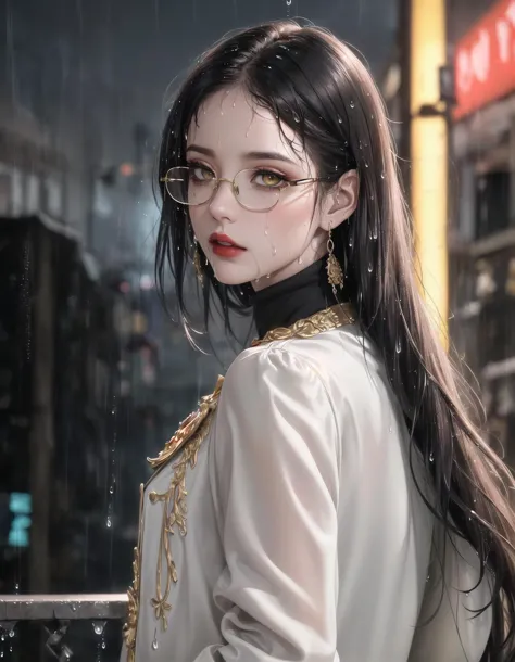 a woman with glasses and a white shirt standing in the rain