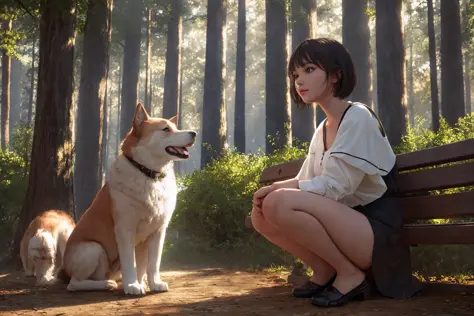 award-winning photography,  ultra high detailed  background, wide angle lens , young woman, park bench, dog, short hair, blue ey...