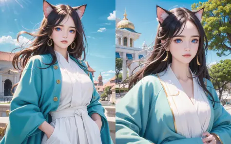 ((Highly detailed)),End product,Highly quality,Highly resolution,(Pretty eyes and face),{voluptuous}{Official art},(++Delicate facial details++),(++Delicate body details++),(Physical)(Dynamic),(
1 girl, beautiful detail eyes,beautiful detail sky,movie lights, dramatic angle, blue eyes, cat ears, long hair, cool, coat,hanfu,Put your hands in your pockets,beautiful girl,{{delicate face}},coat,Put your hands in your pockets),(++Fine clothes++),Official art(Extremely Fine)