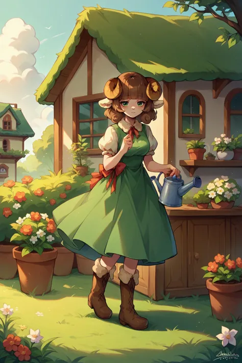 score_9, score_8_up, score_7_up, 1girl, solo, <lora:NSWeresheepMGE:0.8> NSWeresheepMGE, green eyes, medium hair, blunt bangs, brown hair, sheep horns, sheep ears, watering can, flower pot, front of the house, green dress, high boots,