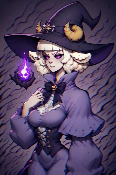 witch with a purple hat and a purple dress holding a purple apple