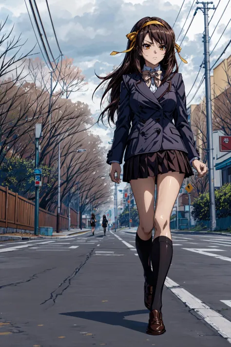 (Meisterwerk),(beste Qualität), suzumiya haruhi,  hairband, Haarband, offizielle alternative Haarlänge, Kouyouen , Kouyouen black skirt, Kniestrümpfe, Bogen,  Trauriges Gesicht, Kopf nach unten, bergauf Straße, Gehweg, auf dem Bürgersteig, gehen,  Nebel, Wolke,   