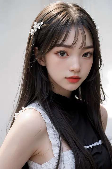 a woman with long hair wearing a black dress and a white flower headband