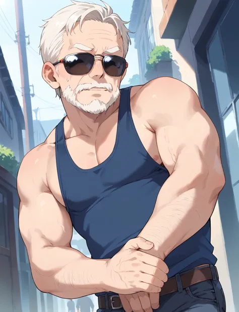 anime character with sunglasses and a beard in a narrow alley