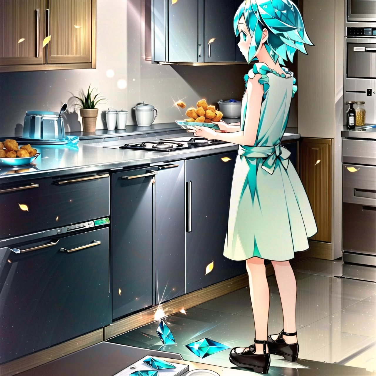 phosphophyllite, phos, wide-eyed, standing, light diffraction, full_body, light diffraction, refraction, hair made of glass, cooking, kitchen, chickennuggets