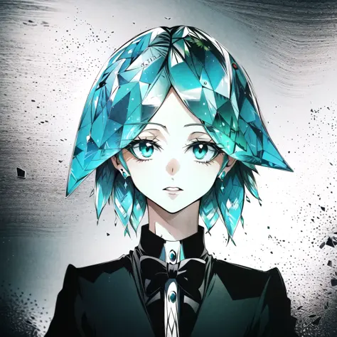 <lora:Phos-LoRA:1> phosphophyllite, phos, hair made of glass, portrait, green hair, bowtie. 1990 anime style, (evangelion:1.1) style <lora:OniricLoRA:1> oniric, unsettling, creepy