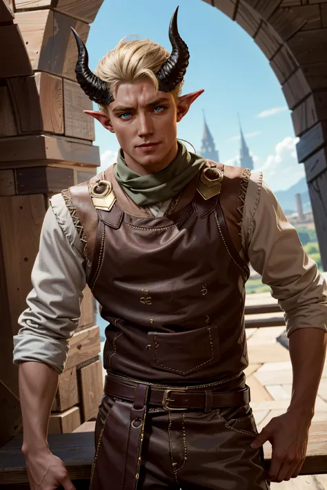 a close up of a man in a leather outfit with horns