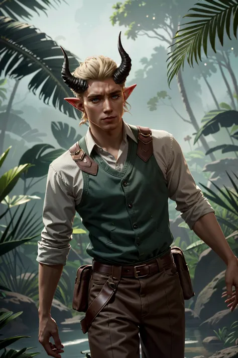 a man with horns and a vest standing in a jungle