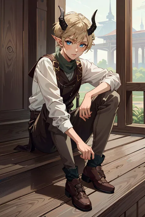 anime boy sitting on a wooden porch with a large window