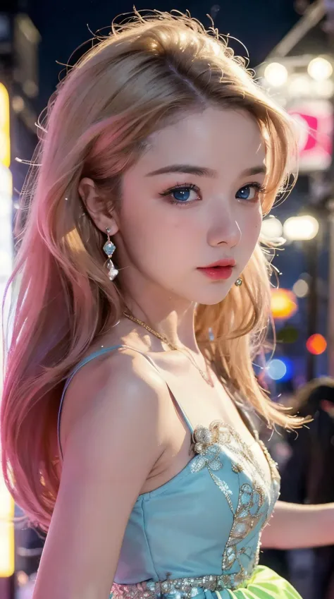 1girl,solo,Real skin,gold hair,portrait,earrings,jewelry,looking at viewer,realistic,blue eyes,long hair,shy,((blush)),cowboy shot,Shopping Street,(Night),((neon trim)),neon lights,jumping, 
complete with a full skirt and petticoat,and neon signs. Her eyes should be sparkling with excitement,her skin flawless and glowing under the soft,dramatic lighting. This scene should be captured on 35mm film,with a beautiful depth of field and a slightly blurry,nostalgic background. film portrait photography,35mm film,filmg,<lora:Asianface_v1.0:0.7>,(princess dress),(bling:1.1),Street Shooting,gorgeous dress,Real skin,Exquisite and gorgeous gemstone inlaid dress,