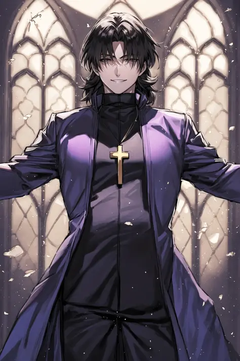 masterpiece, best quality, detailed, 1boy,
church, stained glass, light beams, indoors, light particles,
 <lora:KotomineKireiV1:0.8>, kotomine kirei, spread arms, purple coat, black shirt, black pants, cross necklace, parted bangs, smile