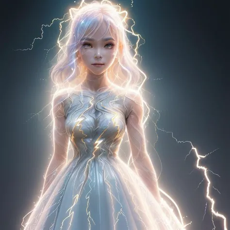 a woman in a white dress with lightning coming out of her hair