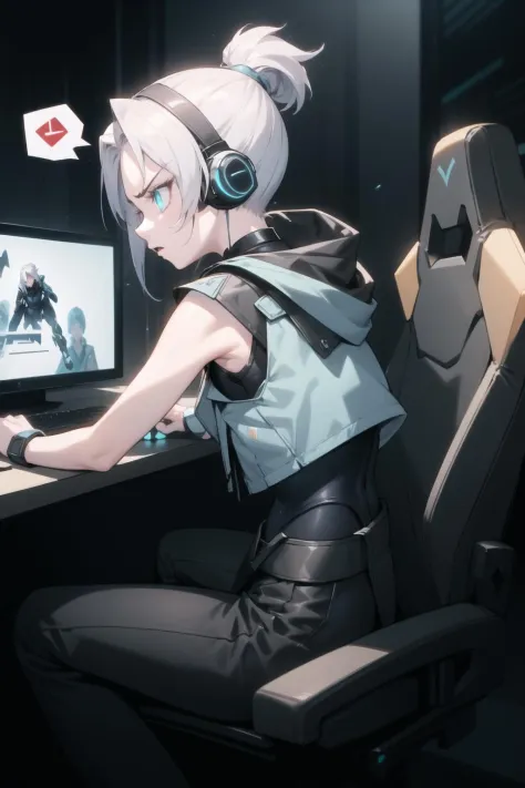 <lora:jett-000017:1> jett \(valorant\), blue cropped jacket, sleeveless, black bodysuit, black pants,
1girl, solo, headset, gaming chair, looking at screen, livestream, dark, glowing, angry, spoken anger vein, facepalm, from side