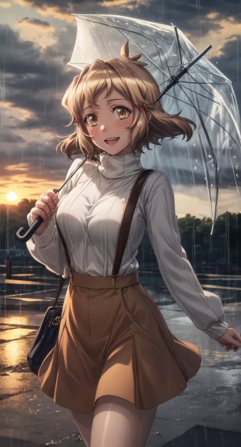 anime girl with umbrella walking in the rain at sunset