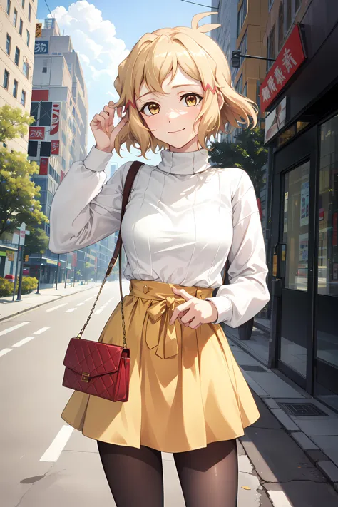 anime girl in a skirt and blouse standing on a city street