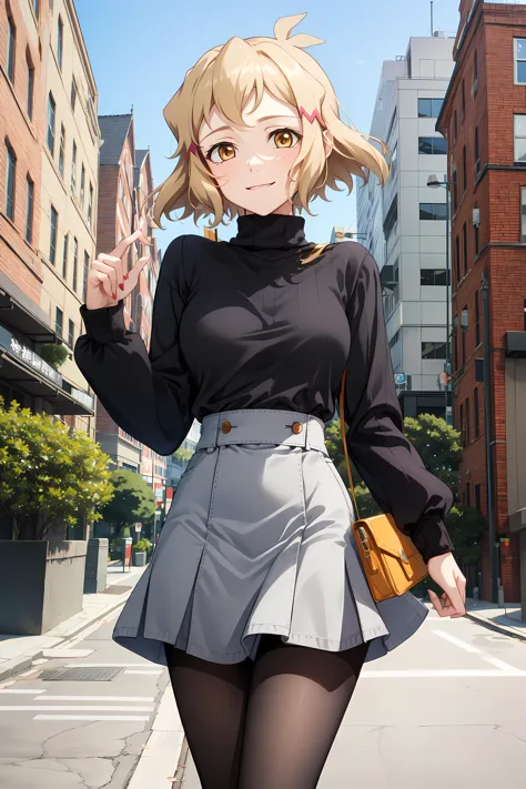 anime girl in a skirt walking down a street with a handbag