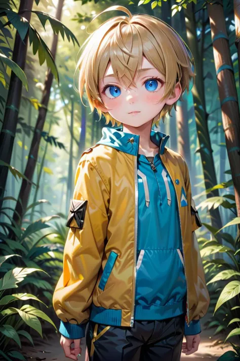 (1 boy:1.2), multicolored background,(very short hair)
crew cut,, blue eyes, masterpiece,  male characters, hires,
multiple details, sky,  forest, handsome,  ultra detailed background,  jacket
beautiful eyes (vocaloid), delicate features, high light in eyes, triangle chin, (full shot:1.2), (whole body:1.2),
, young, juvenile, detailed beautiful little boy, adorable boy, sunlight,standing
aoki, masterpiece
 