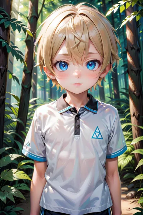 (1 boy:1.2), multicolored background,(very short hair)
crew cut,, blue eyes, masterpiece,  male characters, hires,
multiple details, sky,  forest, handsome,  ultra detailed background,  white polo shirt
beautiful eyes (vocaloid), delicate features, high light in eyes, triangle chin, (full shot:1.2), (whole body:1.2),
petite, young, juvenile, detailed beautiful little boy, adorable boy, sunlight,standing
aoki, masterpiece
 <lora:aoki_xl_v10:0.4>