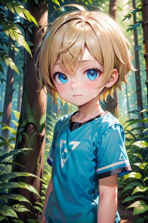 (1 boy:1.2), multicolored background,(very short hair)
crew cut,, blue eyes, masterpiece,  male characters, hires,
multiple details, sky,  forest, handsome,  ultra detailed background,  t shirt,
beautiful eyes (vocaloid), delicate features, high light in eyes, triangle chin, (full shot:1.2), (whole body:1.2),
petite, young, juvenile, detailed beautiful little boy, adorable boy, sunlight,standing
aoki, masterpiece
 <lora:aoki_xl_v10:0.4>