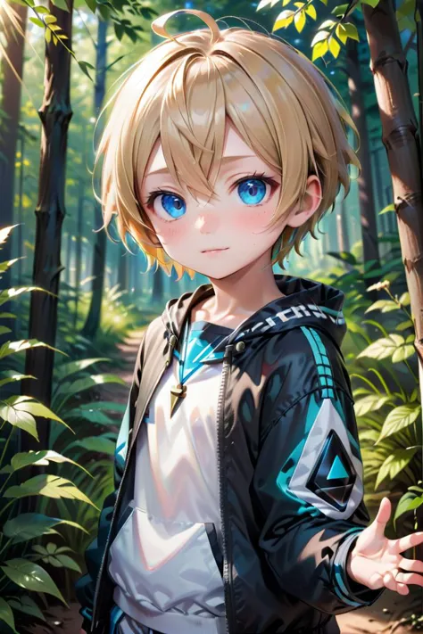 anime boy in a forest with blue eyes and a black jacket