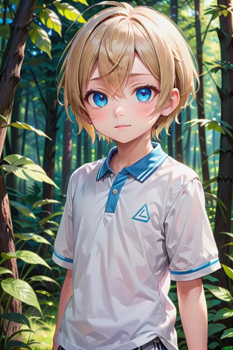 (1 boy:1.2), multicolored background,(very short hair)
crew cut,, blue eyes, masterpiece,  male characters, hires,
multiple details, sky,  forest, handsome,  ultra detailed background,  polo shirt,
beautiful eyes (vocaloid), delicate features, high light in eyes, triangle chin, (full shot:1.2), (whole body:1.2),
petite, young, juvenile, detailed beautiful little boy, adorable boy, sunlight,standing
aoki, masterpiece
 <lora:aoki_xl_v10:0.4>