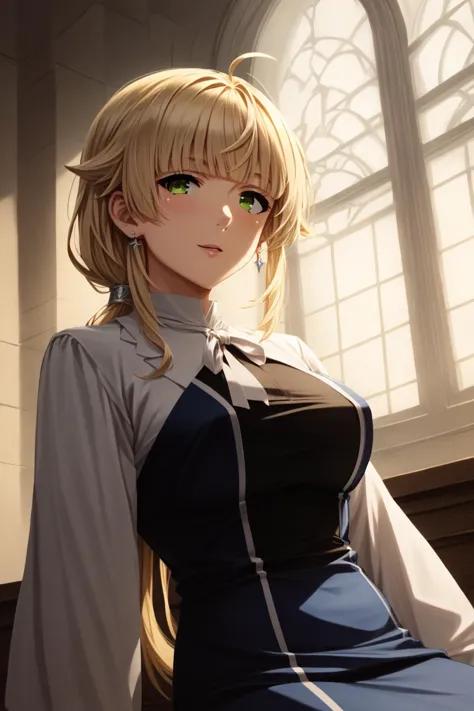 blue dress, white ribbon, white sleeves, long sleeves, white shirt, black shirt<lora:norn_greyrat_anime_s2_v2-soralz:1> norn_greyrat,bangs, blonde hair,long hair,yellow green eyes,ahoge,sidelocks,blunt bangs hair flaps,low ponytail, <lora:_sdxl-25D-Style-pony:1> <lora:age_slider_v4:5>huge breasts, Score_9, Score_8_up, Score_7_up, Score_6_up, Score_5_up, Score_4_up, BREAK,1girl in full growth, best quality, masterpiece, ultra-detailed, high quality,good quality,1 girl,(master piece,high resolution, ultra detailed,8K,16K),look at viewer