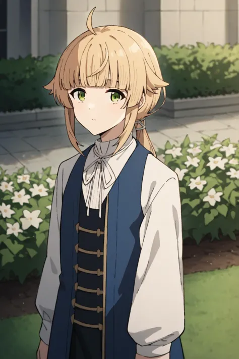 score_9, score_8_up, score_7_up, source_anime,
1girl, looking at viewer, standing, 
outdoors, garden, flowers,
<lora:norn_greyrat_anime_s2-soralz:1>, norn_greyrat, bangs, blonde hair, long hair, yellow green eyes, ahoge, sidelocks, blunt bangs, hair flaps, low ponytail,
blue dress, white ribbon, white sleeves, long sleeves, white shirt, black shirt,