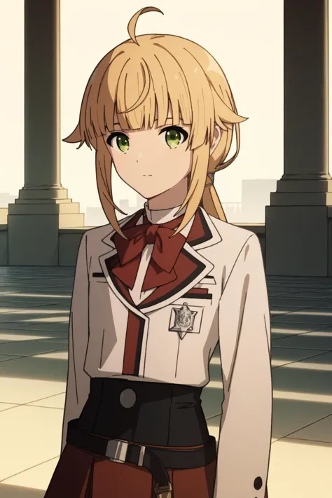 school uniform, long sleeves, white shirt, red bowtie, black skirt, red skirt, belt <lora:norn_greyrat_anime_s2_v2-soralz:1> norn_greyrat,bangs, blonde hair,long hair,yellow green eyes,ahoge,sidelocks,blunt bangs hair flaps,low ponytail, Score_9, Score_8_up, Score_7_up, Score_6_up, Score_5_up, Score_4_up, BREAK,1girl in full growth, best quality, masterpiece, ultra-detailed, high quality,good quality,1 girl,(master piece,high resolution, ultra detailed,8K,16K),look at viewer