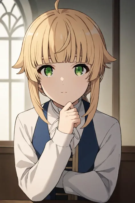 score_9, score_8_up, score_7_up, source_anime,
1girl, looking at viewer,
indoors,
<lora:norn_greyrat_anime_s2_v2-soralz:1>, norn_greyrat, bangs, blonde hair, long hair, yellow green eyes, ahoge, sidelocks, blunt bangs, hair flaps, low ponytail,
 long sleeves, white sleeves, white ribbon, white shirt, blue dress,