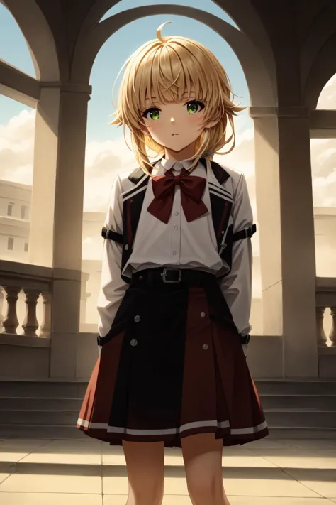 school uniform, long sleeves, white shirt, red bowtie, black skirt, red skirt, belt<lora:norn_greyrat_anime_s2_v2-soralz:1> norn_greyrat,bangs, blonde hair,long hair,yellow green eyes,ahoge,sidelocks,blunt bangs hair flaps,low ponytail, <lora:_sdxl-25D-Style-pony:1>, Score_9, Score_8_up, Score_7_up, Score_6_up, Score_5_up, Score_4_up, BREAK,1girl in full growth, best quality, masterpiece, ultra-detailed, high quality,good quality,1 girl,(master piece,high resolution, ultra detailed,8K,16K),look at viewer