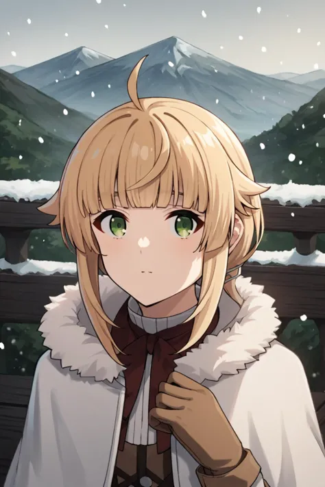 score_9, score_8_up, score_7_up, source_anime,
1girl, looking at viewer,
outdoors, snowing, mountain road, 
<lora:norn_greyrat_anime_s2-soralz:1>, norn_greyrat, bangs, blonde hair, long hair, yellow green eyes, ahoge, sidelocks, blunt bangs, hair flaps, low ponytail, coat, fur trim, hood down,white coat, fur-trimmed capelet, brown footwear, fur trim, boots, long sleeves, capelet, gloves,