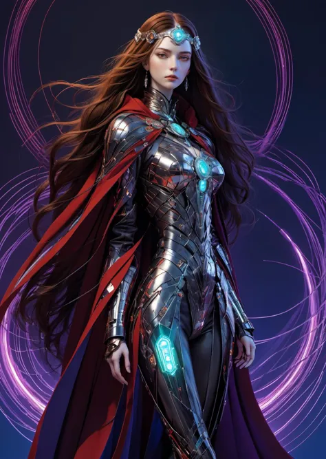 a female cyborg warrior , full body, battle stance 
mechanical limbs 
wearing detailed robes cape
 cleavage,  hard edges
sci-fi,...