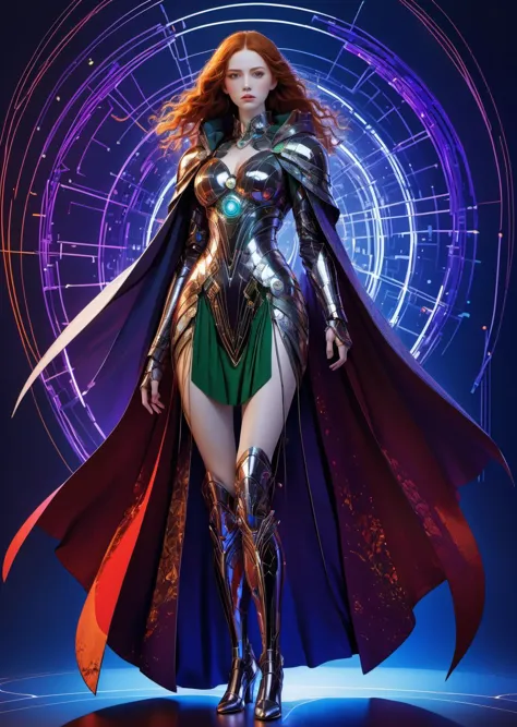 a female cyborg warrior ,  battle stance 
mechanical limbs 
wearing detailed robes cape
 cleavage,  hard edges
sci-fi, wires, circuits, 
gradient color
(   by  Harry Clarke )