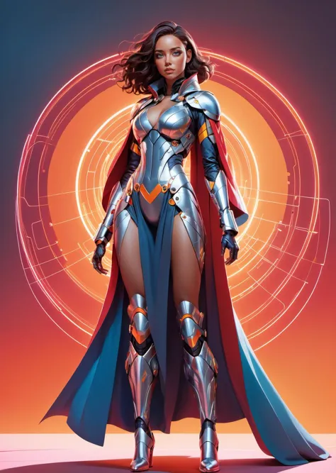 a female cyborg warrior , full body, 
wearing detailed robes cape
 cleavage,  hard edges
sci-fi, wires, circuits, 
(dynamic pose...
