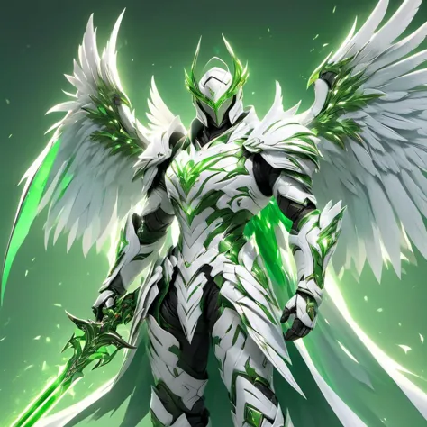 full body shot of 1man,male,solo,wearing white armor,holding green weapon infront of him,holding green sword,white wings,simple ...