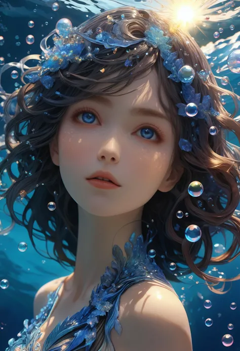 a girl with blue eyes and a flower crown in the water