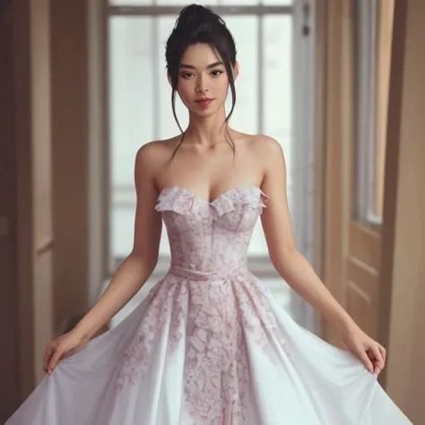 a woman in a pink dress standing in a hallway