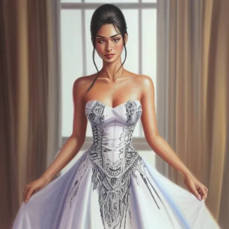 a painting of a woman in a white dress standing in a room