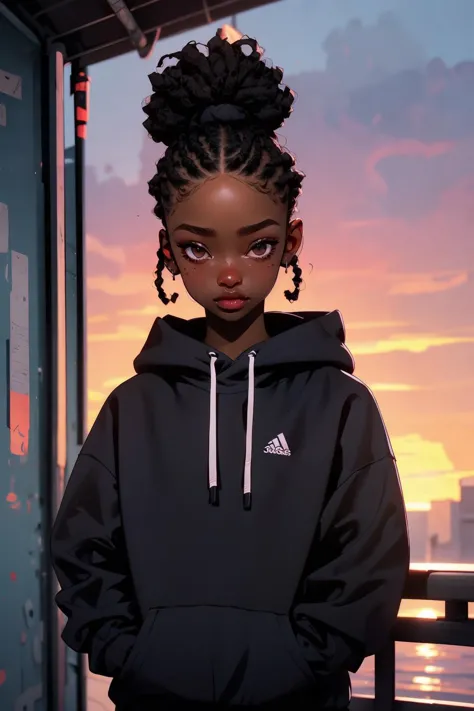 1girl closeup, dark skin, black girl, black eyes, sunset, lofi ambience, black sweatshirt <lora:detailed_eye-10:0.7>  <lora:afri...