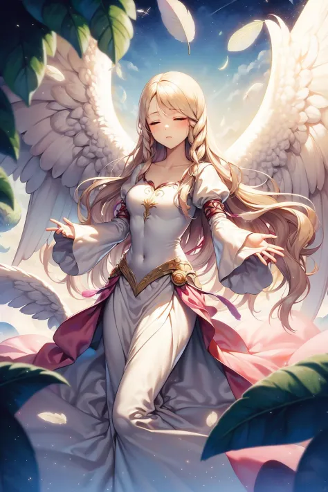 masterpiece, best quality, leanne, wings, long white dress, pink trim, standing, closed eyes, bright, white theme, leaves, feathers, open hands <lora:leanne-nvwls-v1-000011:0.9>