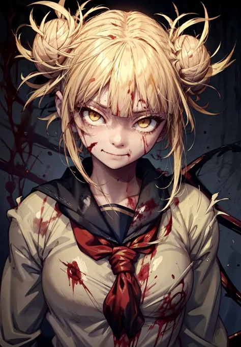 1girl,himiko toga,toga,two buns,blonde hair,messy hair,(yellow eyes),school uniform,serious face,sharp eyes,intese glare,face,he...